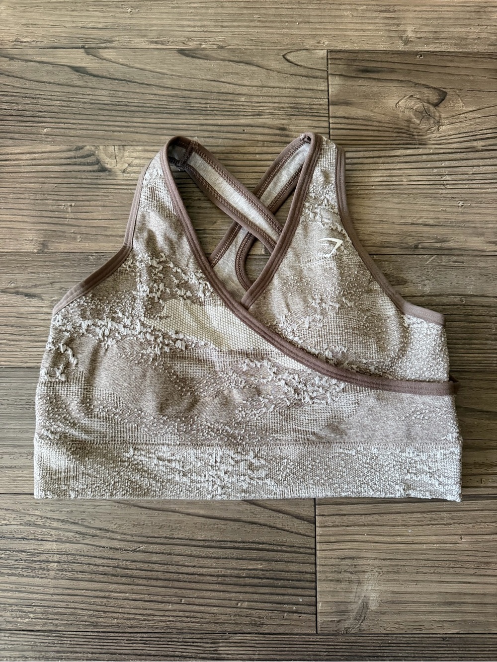 Gymshark Crossback Seamless Sports Bra in Taupe with Brown Trim